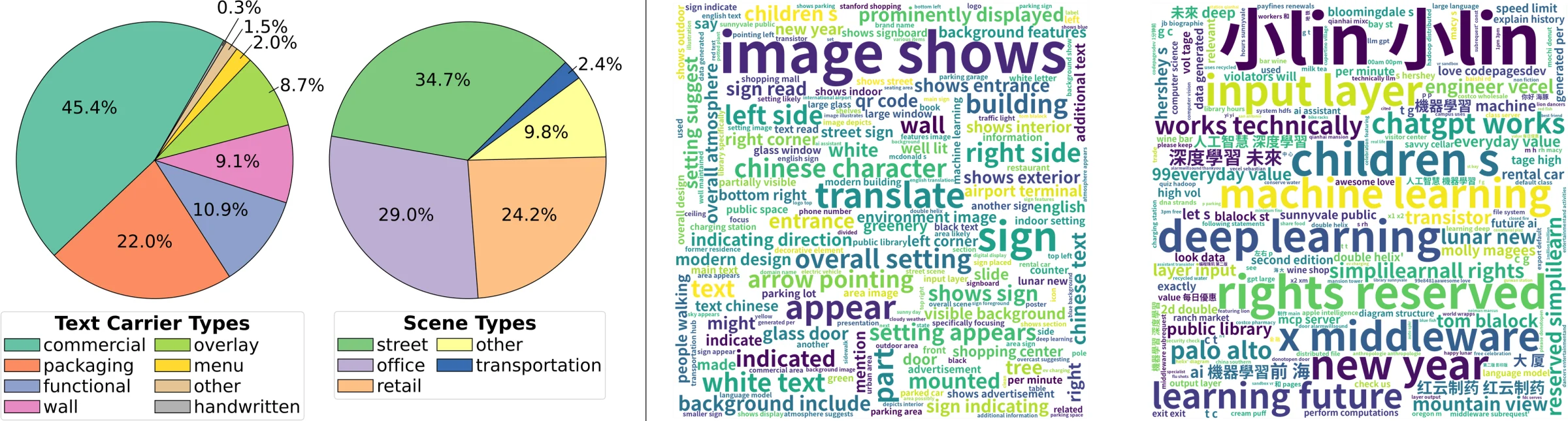 Word clouds and distributions of caption language, scene text, scene categories and text carrier types.
